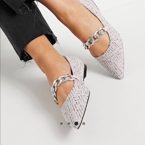 Brand New ASOS Pink Tweed Pointed Toe Flats with Silver Chain Detail - Picture 4 of 7